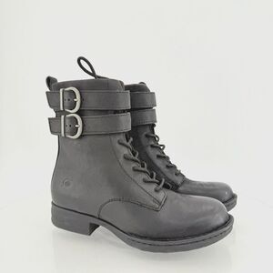 Born Camryn Black Leather Side Zip Lace Up Buckle Boot Women 5.5 Combat Bootie